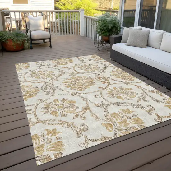 Ivory Beige And Gold Floral Washable Indoor Outdoor Area Rug Photo 9