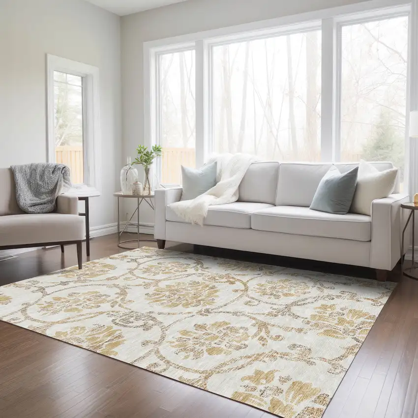 Ivory Beige And Gold Floral Washable Indoor Outdoor Area Rug Photo 8