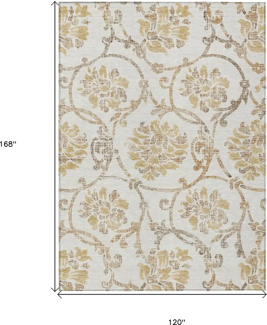 Ivory Beige And Gold Floral Washable Indoor Outdoor Area Rug Photo 3