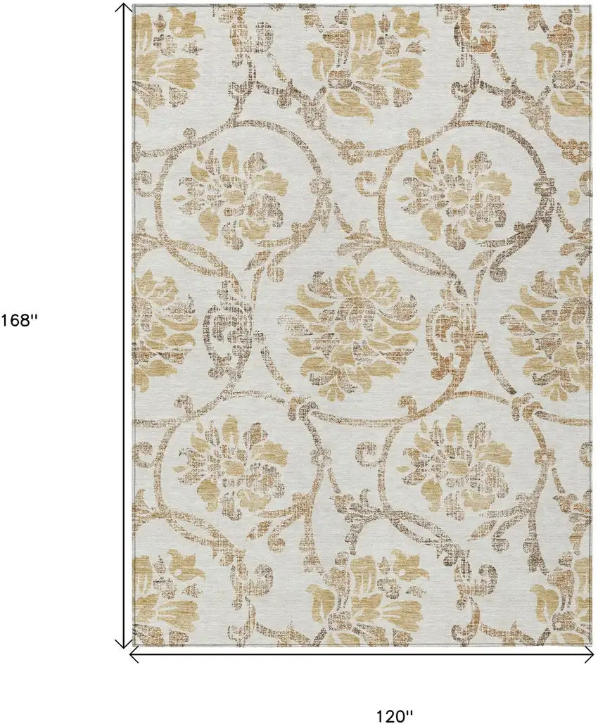 Ivory Beige And Gold Floral Washable Indoor Outdoor Area Rug Photo 3