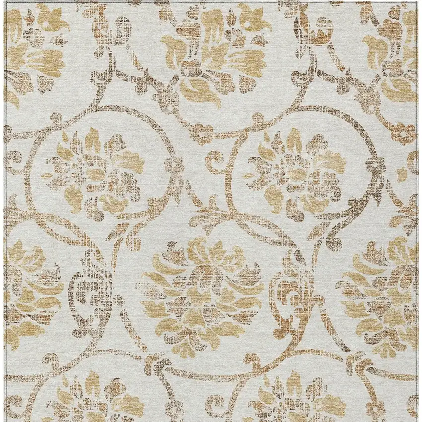 Ivory Beige And Gold Floral Washable Indoor Outdoor Area Rug Photo 5
