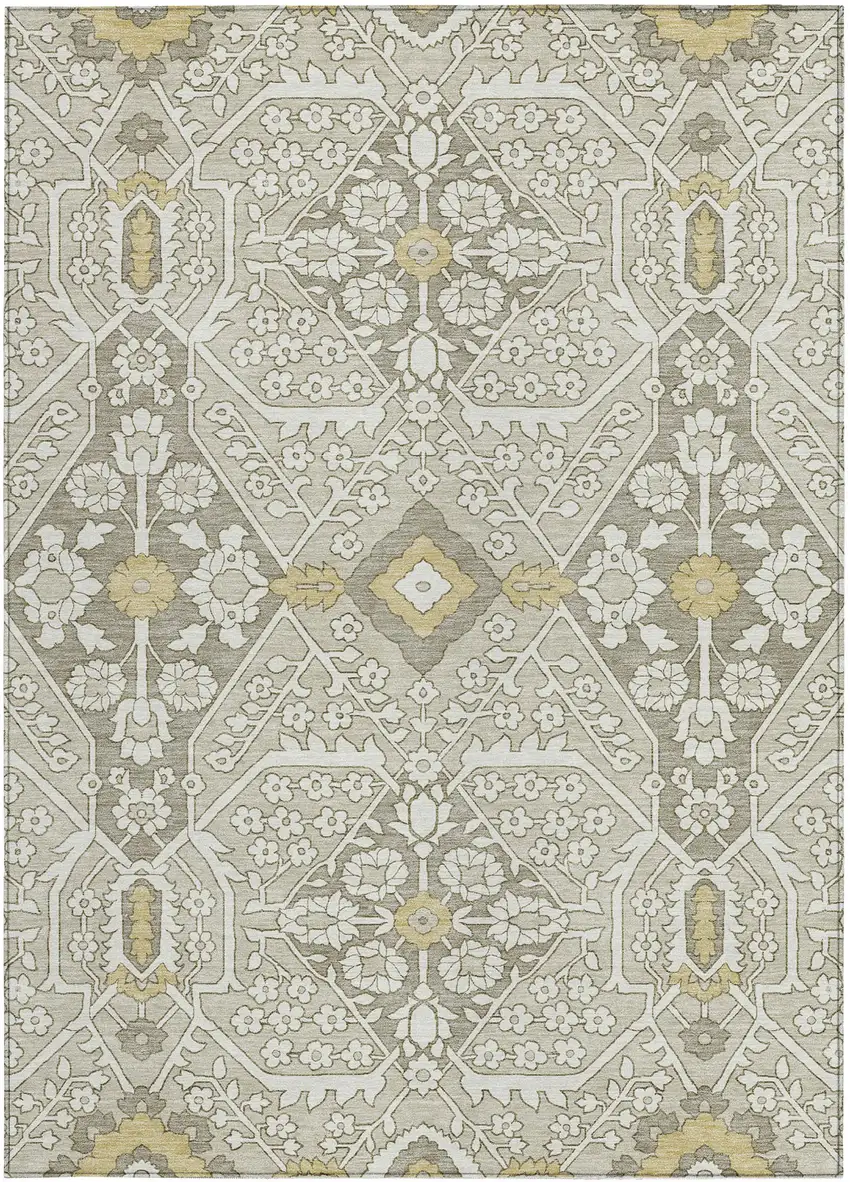 Ivory Beige And Gold Floral Washable Indoor Outdoor Area Rug Photo 8