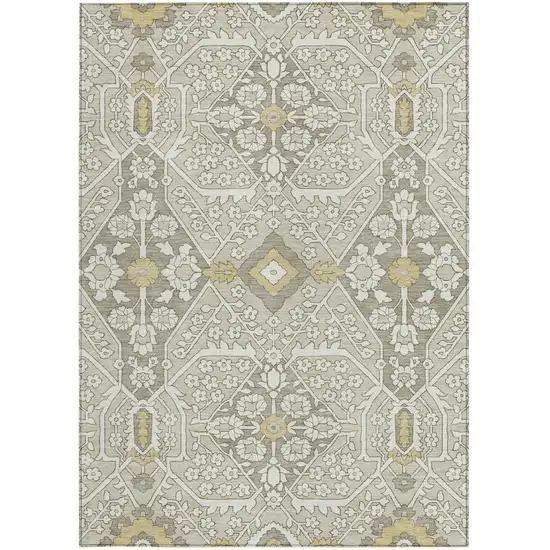 Ivory Beige And Gold Floral Washable Indoor Outdoor Area Rug Photo 8