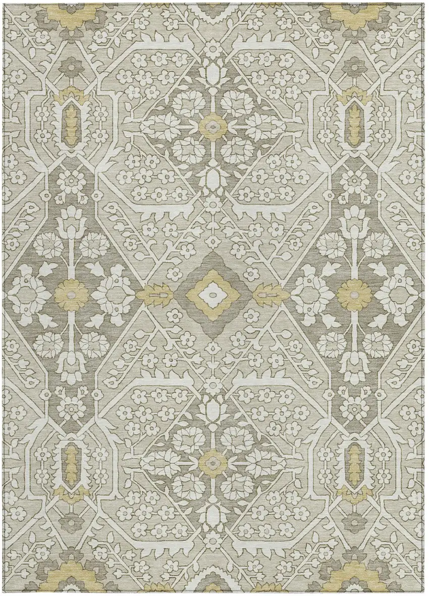 Ivory Beige And Gold Floral Washable Indoor Outdoor Area Rug Photo 8