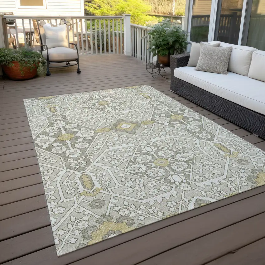 Ivory Beige And Gold Floral Washable Indoor Outdoor Area Rug Photo 9