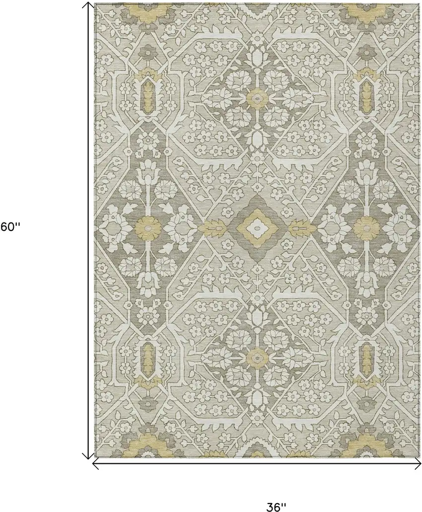 Ivory Beige And Gold Floral Washable Indoor Outdoor Area Rug Photo 3