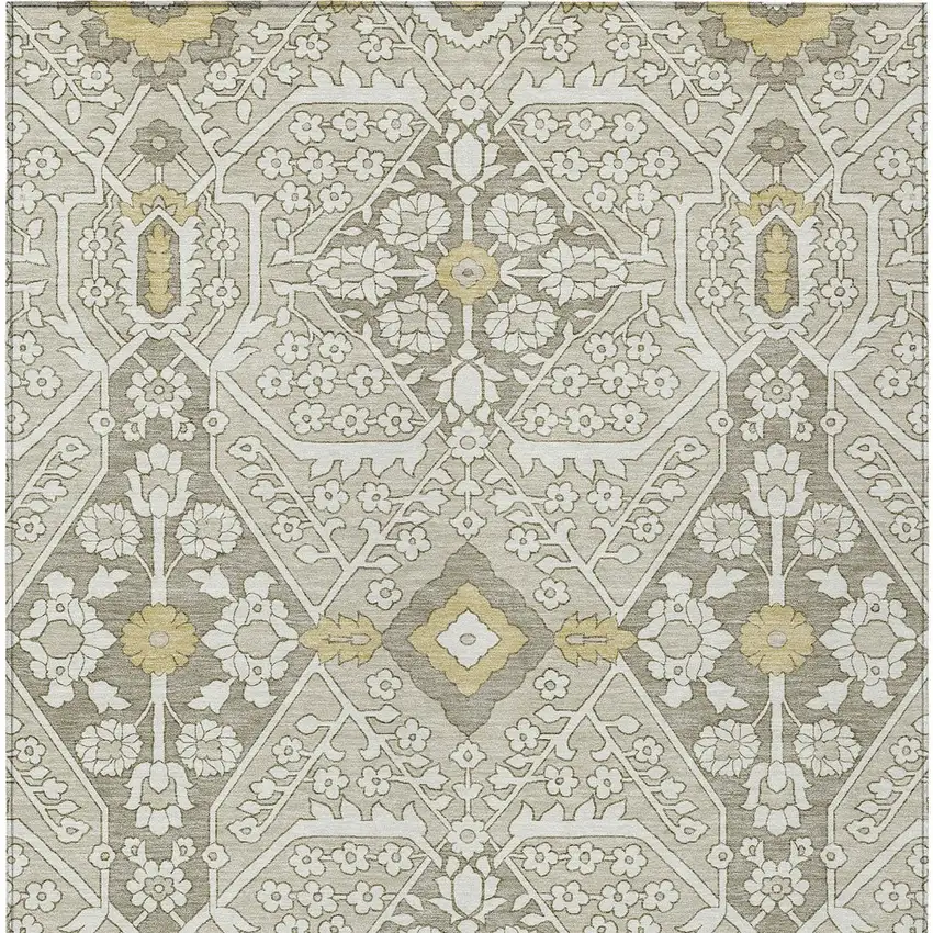 Ivory Beige And Gold Floral Washable Indoor Outdoor Area Rug Photo 7