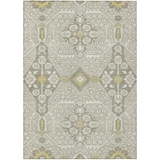 Ivory Beige And Gold Floral Washable Indoor Outdoor Area Rug Photo 2
