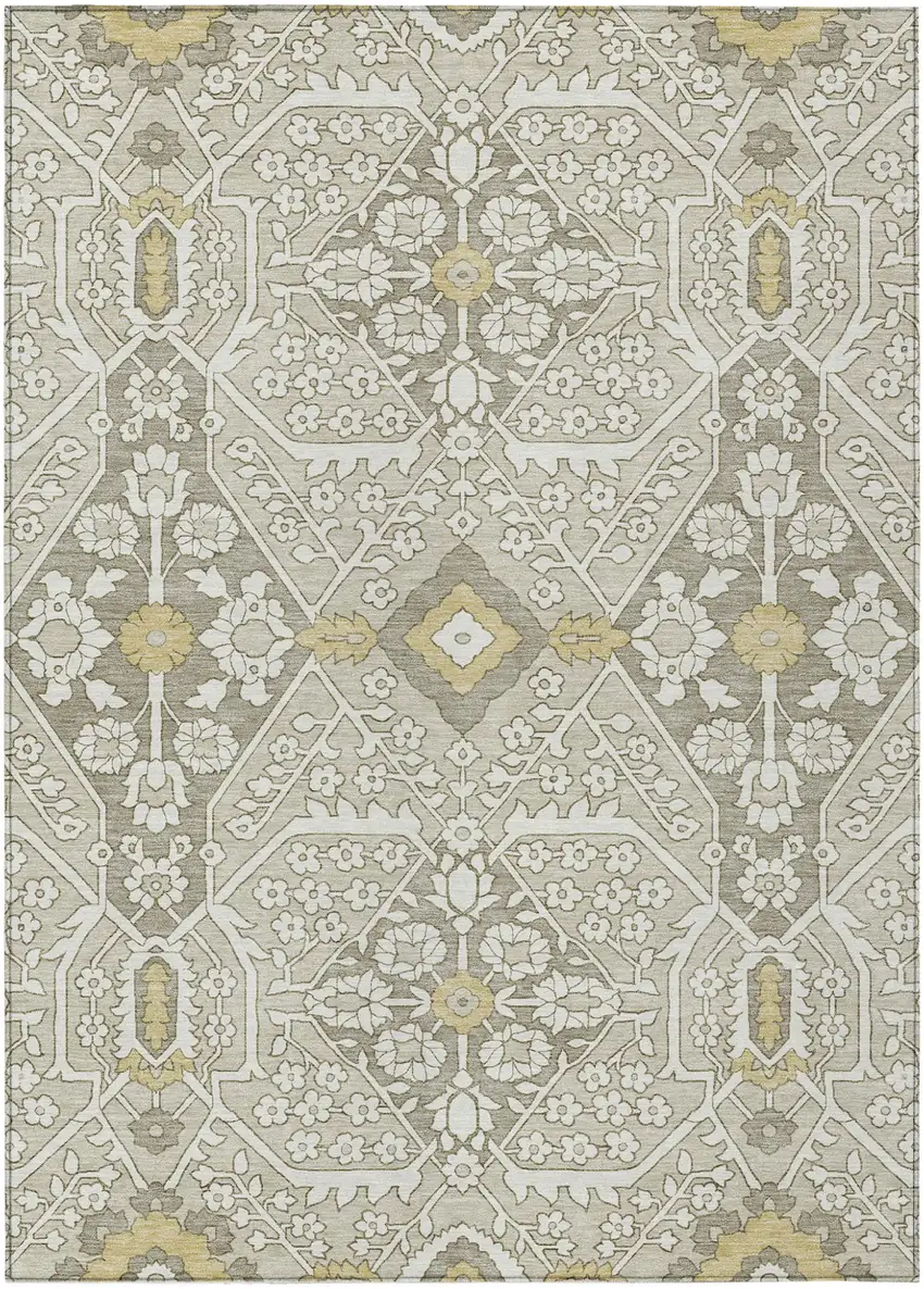 Ivory Beige And Gold Floral Washable Indoor Outdoor Area Rug Photo 2