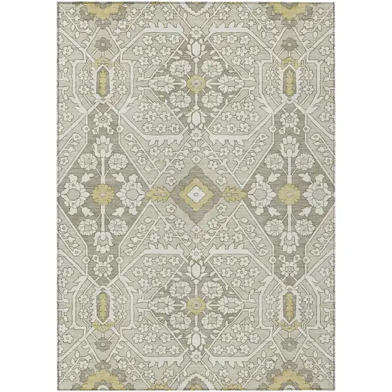 Ivory Beige And Gold Floral Washable Indoor Outdoor Area Rug Photo 2