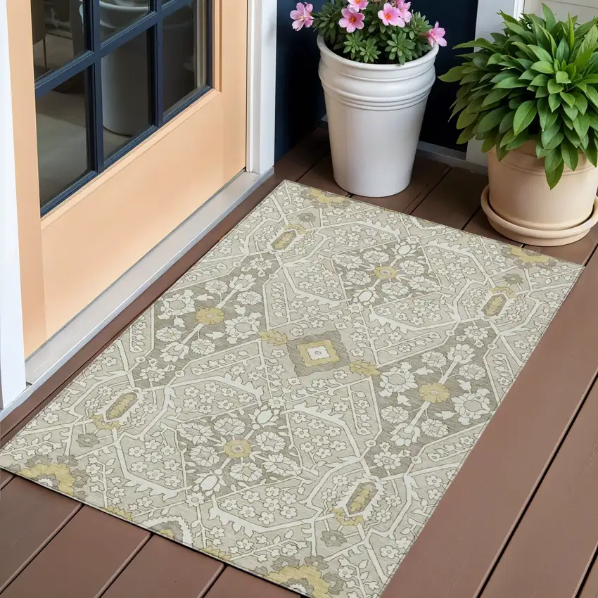 Ivory Beige And Gold Floral Washable Indoor Outdoor Area Rug Photo 1