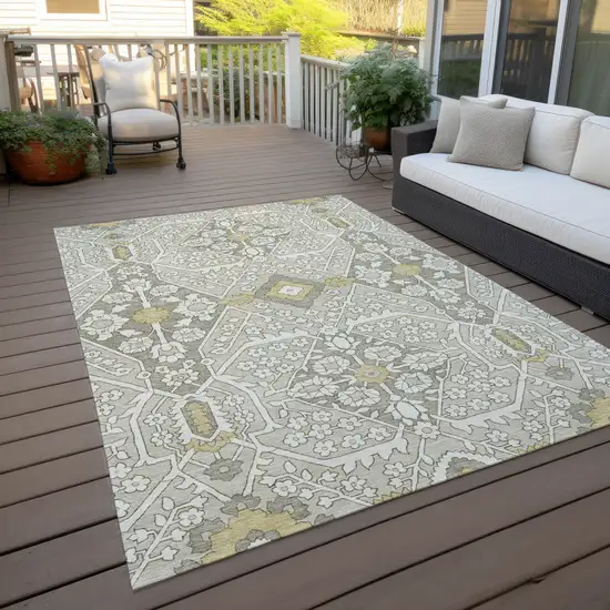 Ivory Beige And Gold Floral Washable Indoor Outdoor Area Rug Photo 9