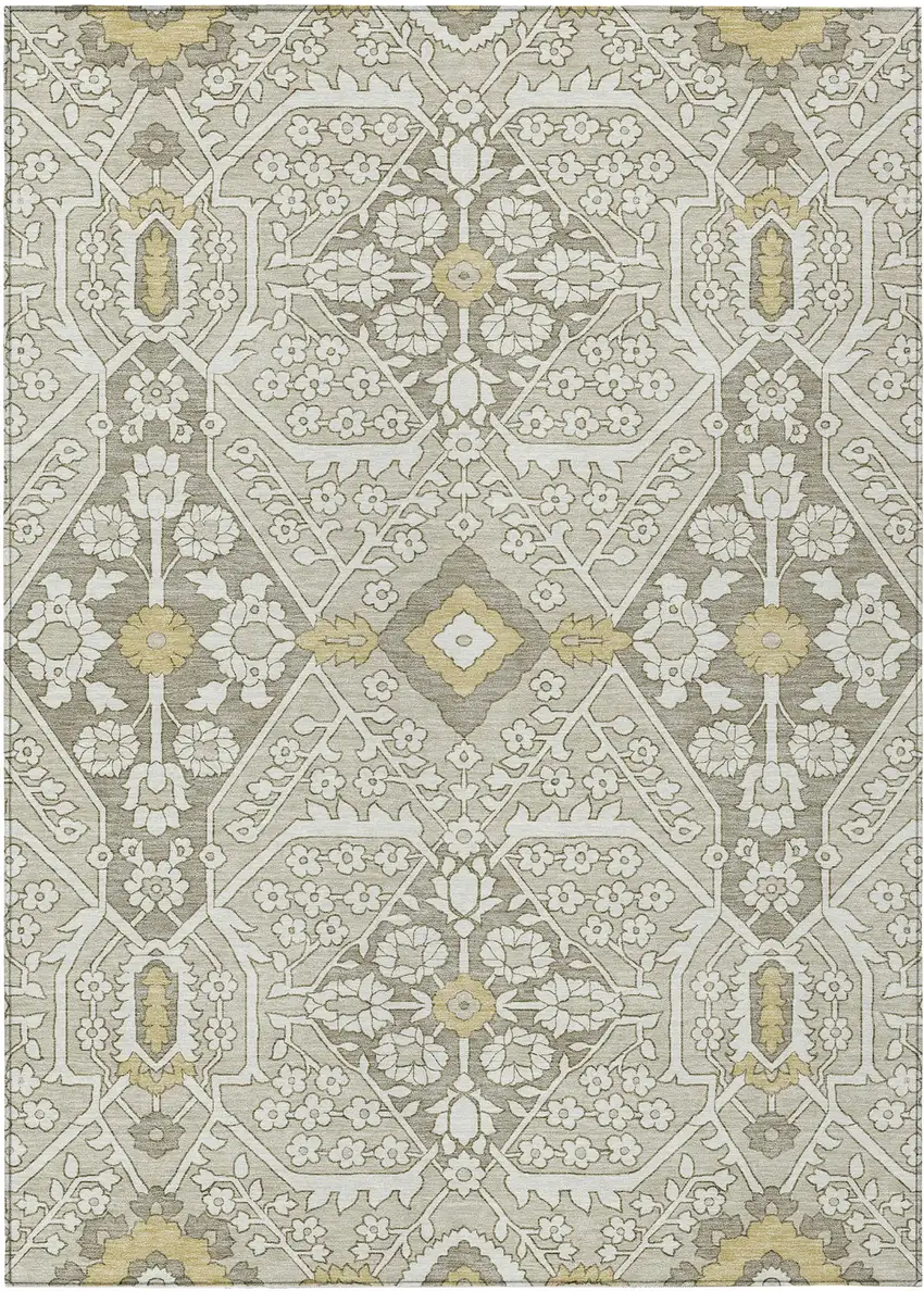 Ivory Beige And Gold Floral Washable Indoor Outdoor Area Rug Photo 2