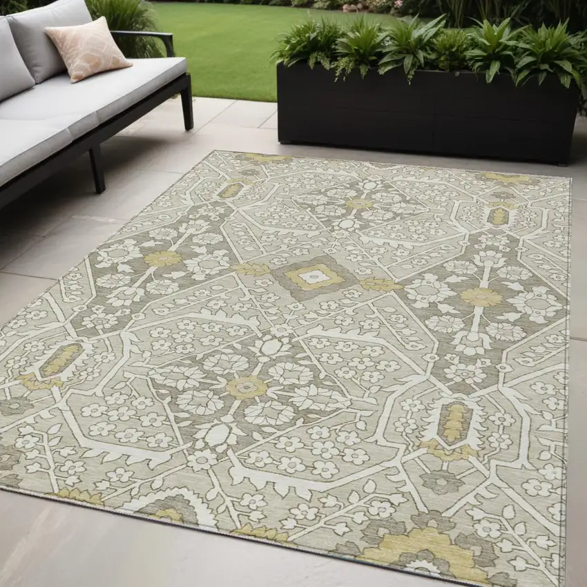 Ivory Beige And Gold Floral Washable Indoor Outdoor Area Rug Photo 1