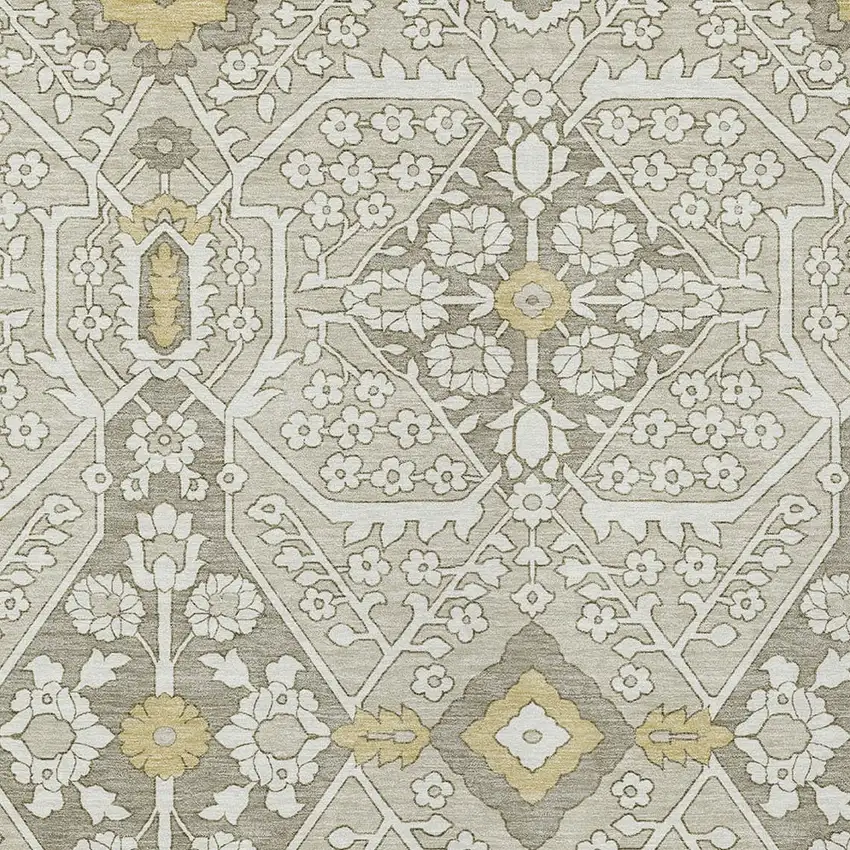 Ivory Beige And Gold Floral Washable Indoor Outdoor Area Rug Photo 6
