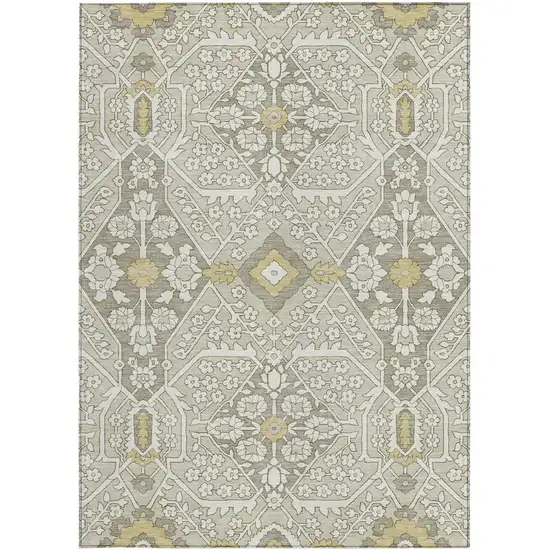 Ivory Beige And Gold Floral Washable Indoor Outdoor Area Rug Photo 8
