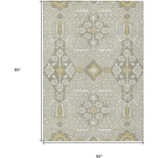 Ivory Beige And Gold Floral Washable Indoor Outdoor Area Rug Photo 3