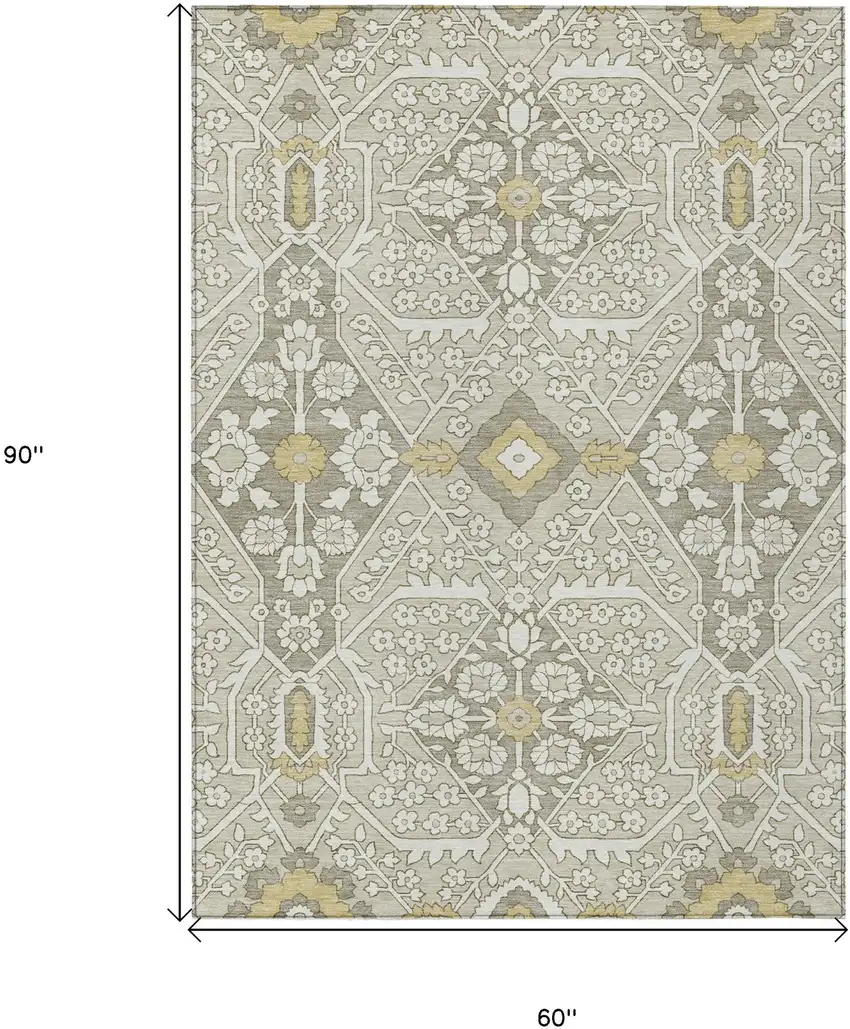 Ivory Beige And Gold Floral Washable Indoor Outdoor Area Rug Photo 3