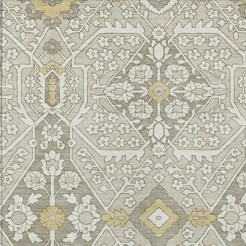 Ivory Beige And Gold Floral Washable Indoor Outdoor Area Rug Photo 6