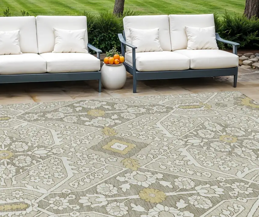 Ivory Beige And Gold Floral Washable Indoor Outdoor Area Rug Photo 1