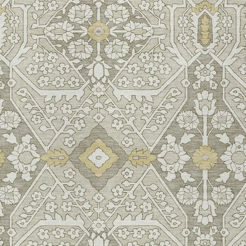 Ivory Beige And Gold Floral Washable Indoor Outdoor Area Rug Photo 6
