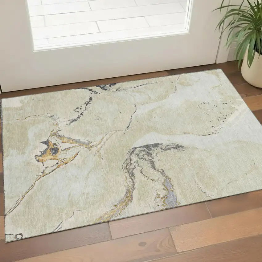 Ivory Beige And Gray Abstract Washable Area Rug With UV Protection Photo 1