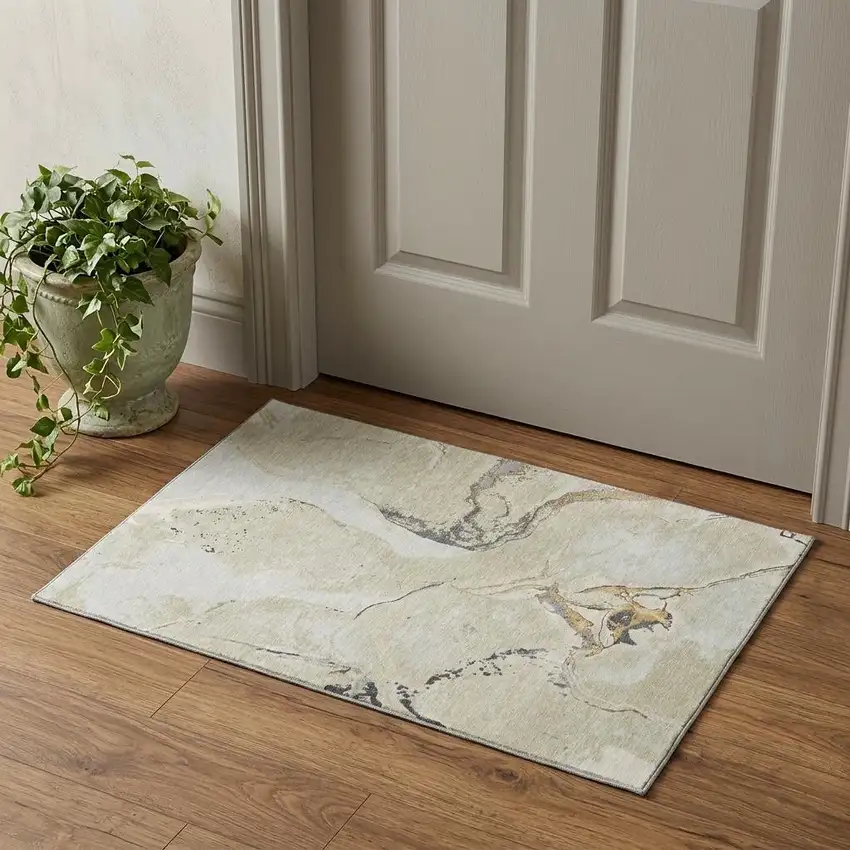 Ivory Beige And Gray Abstract Washable Area Rug With UV Protection Photo 1