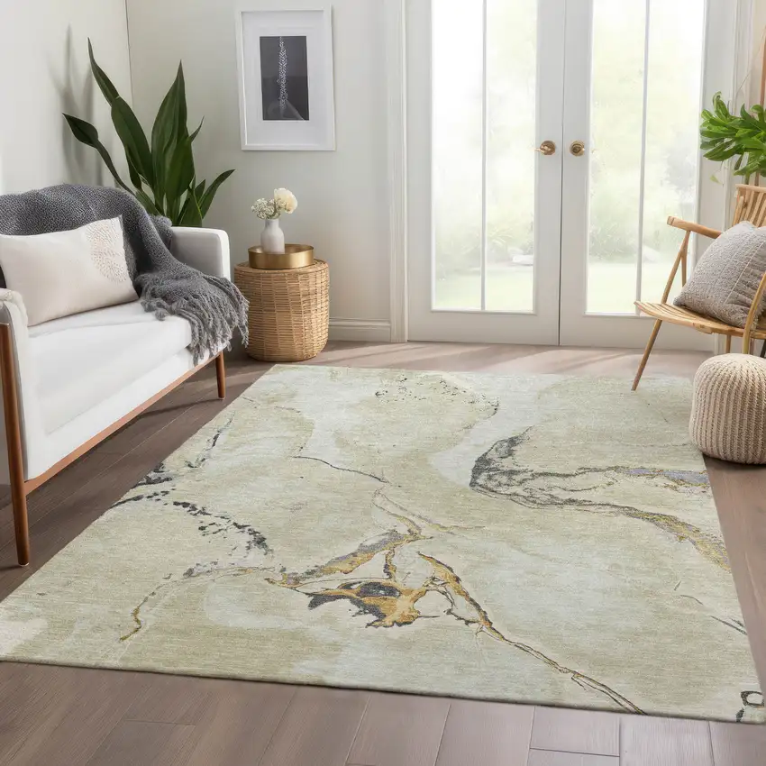 Ivory Beige And Gray Abstract Washable Area Rug With UV Protection Photo 4