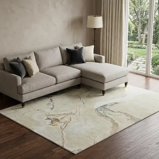 Ivory Beige And Gray Abstract Washable Area Rug With UV Protection Photo 1