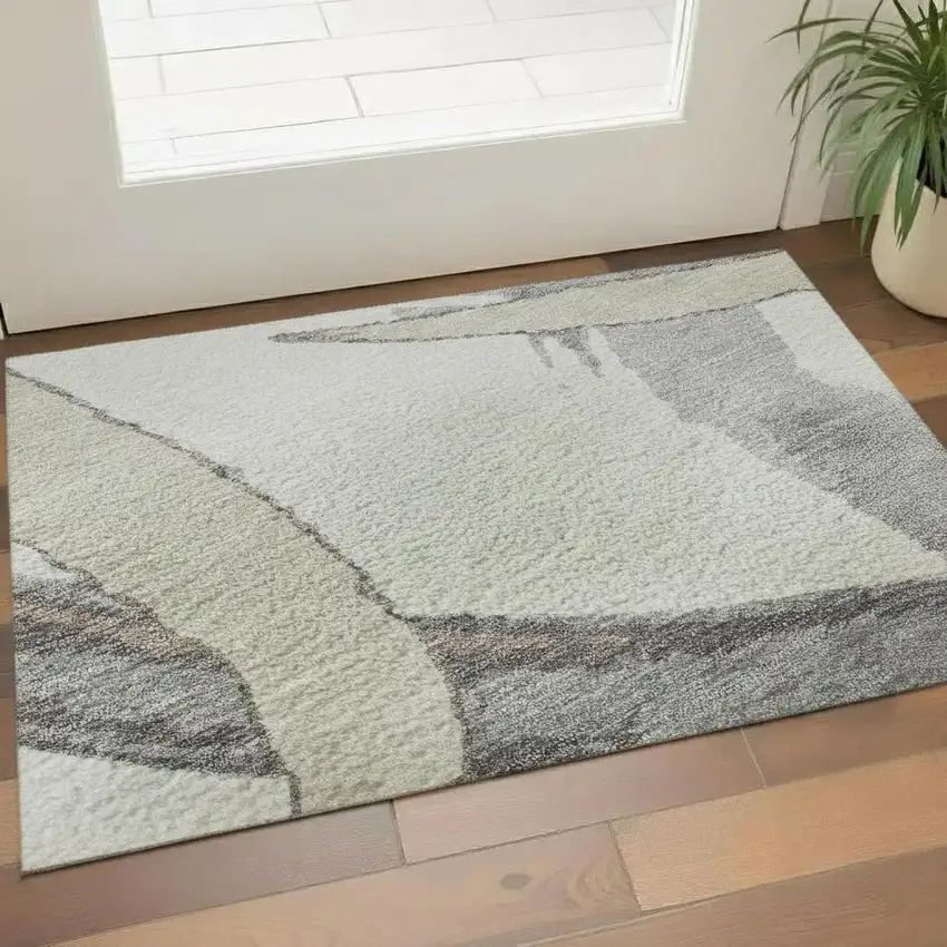 Ivory Beige And Gray Abstract Washable Area Rug With UV Protection Photo 2