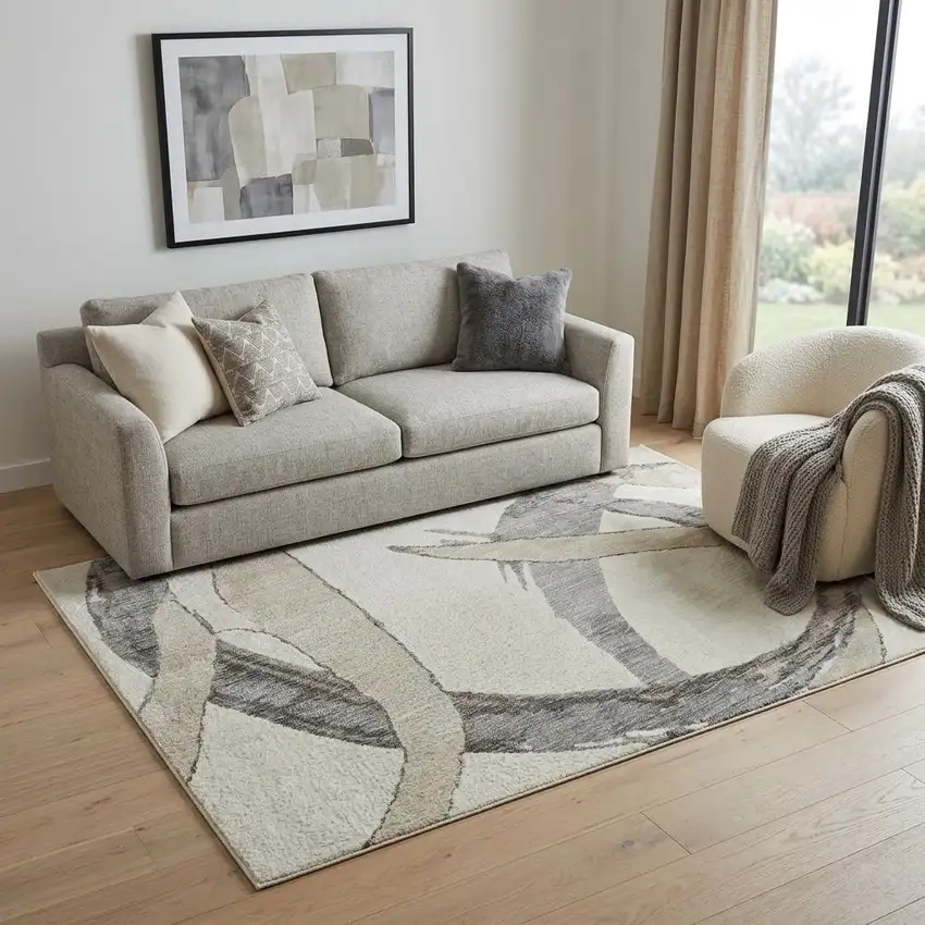 Ivory Beige And Gray Abstract Washable Area Rug With UV Protection Photo 1