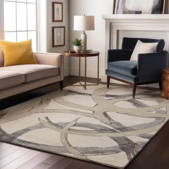 Ivory Beige And Gray Abstract Washable Area Rug With UV Protection Photo 3