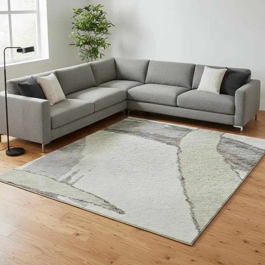 Ivory Beige And Gray Abstract Washable Area Rug With UV Protection Photo 2