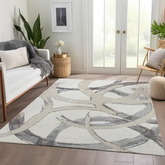 Ivory Beige And Gray Abstract Washable Area Rug With UV Protection Photo 5