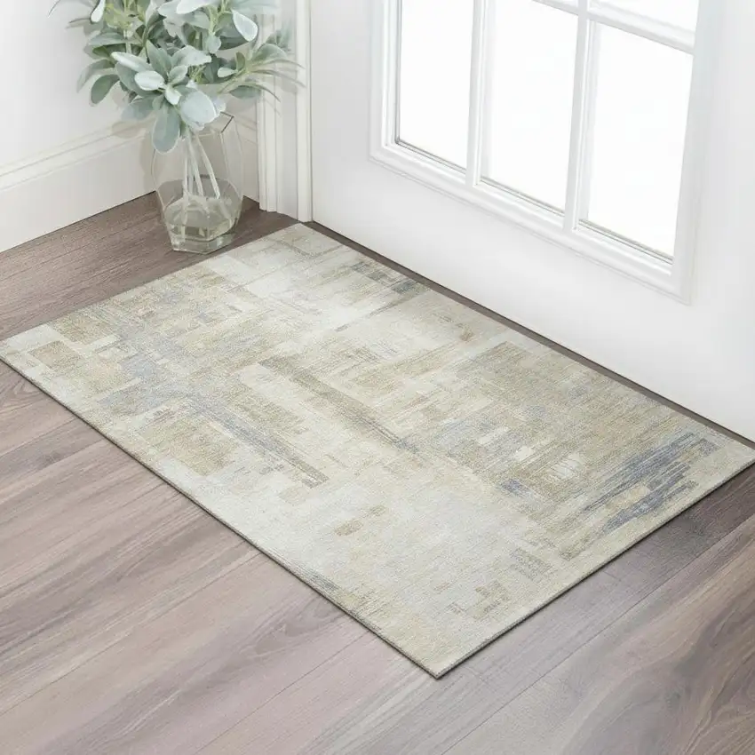 Ivory Beige And Gray Abstract Washable Area Rug With UV Protection Photo 2