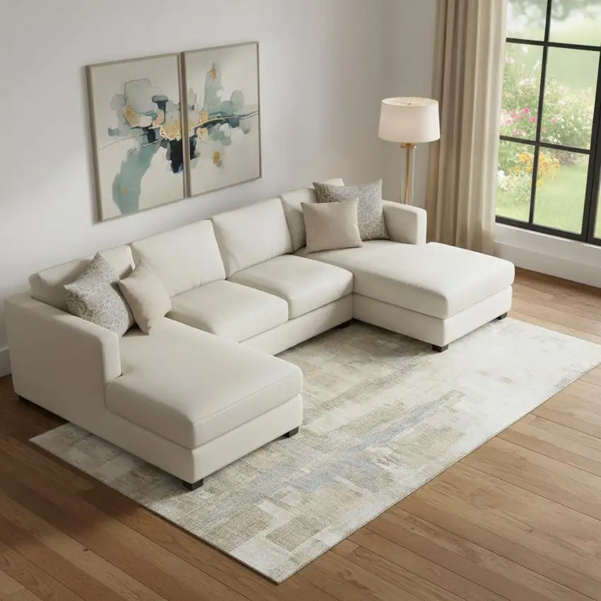 Ivory Beige And Gray Abstract Washable Area Rug With UV Protection Photo 2