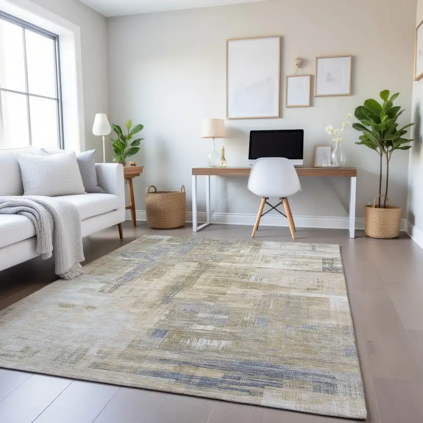 Ivory Beige And Gray Abstract Washable Area Rug With UV Protection Photo 4