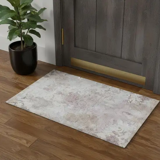 Ivory Beige And Gray Damask Washable Area Rug With UV Protection Photo 1