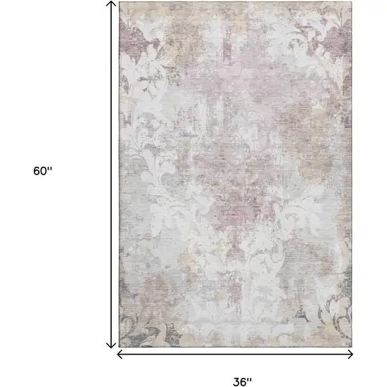 Ivory Beige And Gray Damask Washable Area Rug With UV Protection Photo 3