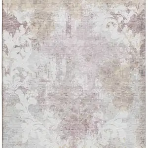 Photo of Ivory Beige And Gray Damask Washable Area Rug With UV Protection