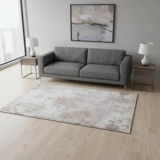 Ivory Beige And Gray Damask Washable Area Rug With UV Protection Photo 2