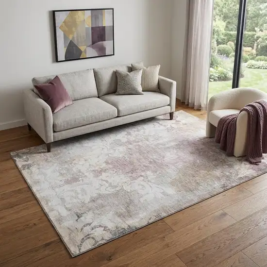 Ivory Beige And Gray Damask Washable Area Rug With UV Protection Photo 1