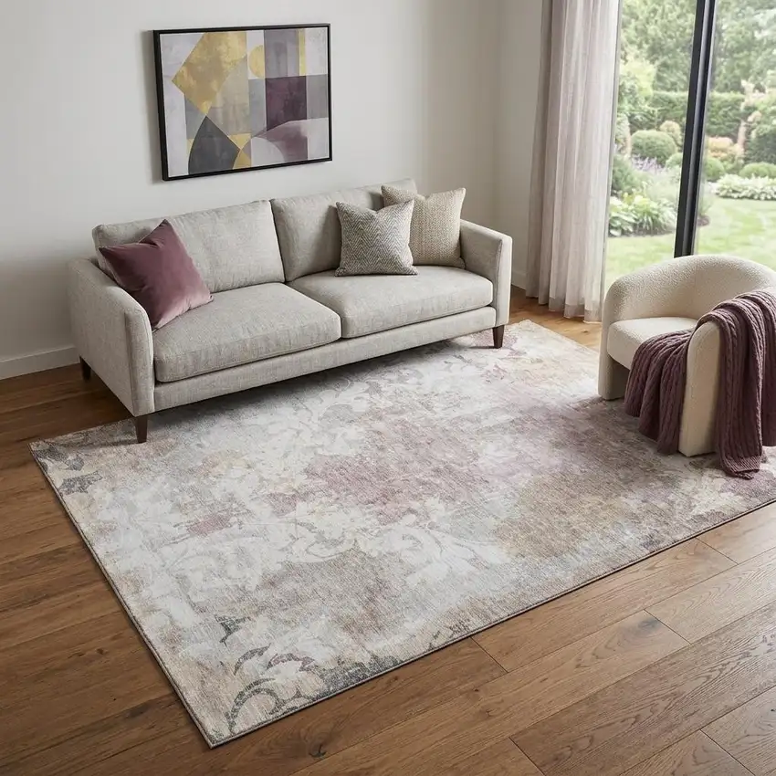Ivory Beige And Gray Damask Washable Area Rug With UV Protection Photo 1