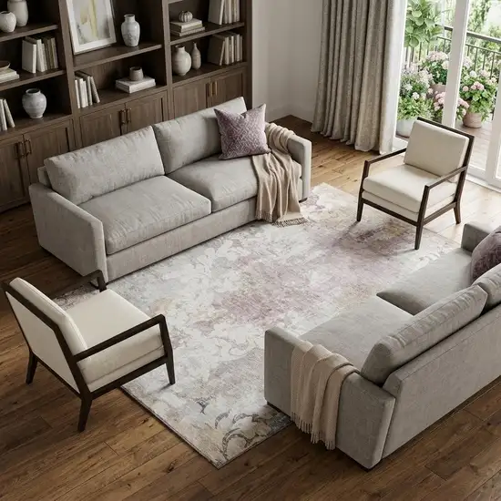 Ivory Beige And Gray Damask Washable Area Rug With UV Protection Photo 1