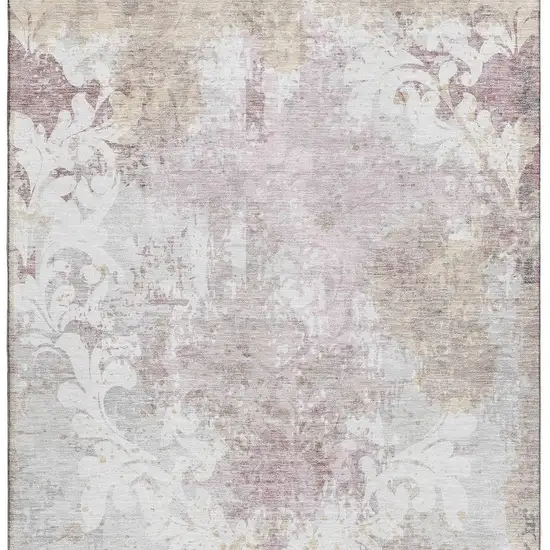 Ivory Beige And Gray Damask Washable Area Rug With UV Protection Photo 2