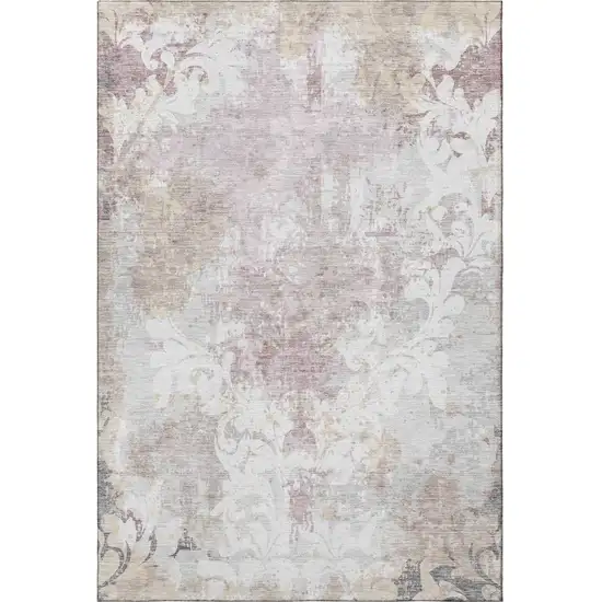 Ivory Beige And Gray Damask Washable Area Rug With UV Protection Photo 4