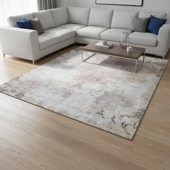 Ivory Beige And Gray Damask Washable Area Rug With UV Protection Photo 2