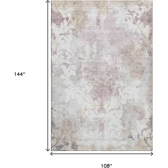 Ivory Beige And Gray Damask Washable Area Rug With UV Protection Photo 9