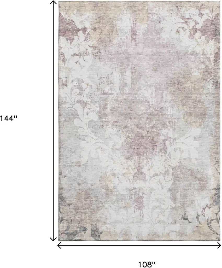Ivory Beige And Gray Damask Washable Area Rug With UV Protection Photo 9