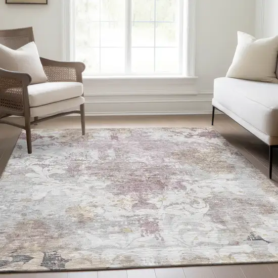 Ivory Beige And Gray Damask Washable Area Rug With UV Protection Photo 4